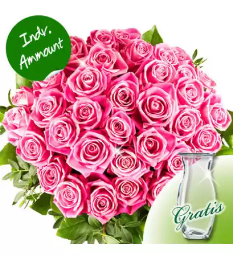 Individual pink roses with vase