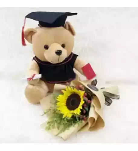 Convocation Set 08 (Convocation Bear With 1 stalk Sunflower Hand Bouquet)