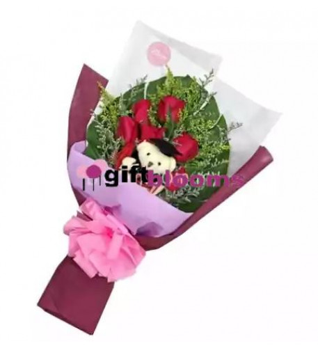 Graduation Bouquet 01 (1 Bear + 12 Red Rose)