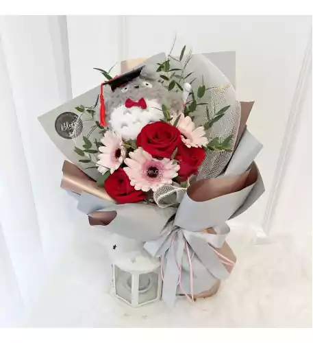 Graduation Bouquet 06 (Convo Line Toy with 3 pink gerbera & 3 red roses)