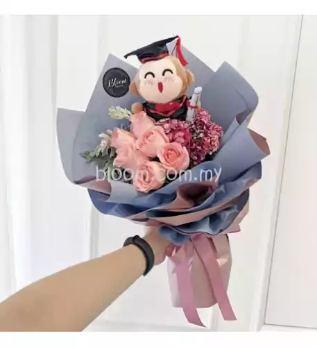 Graduation Bouquet 16 (Convo Monkey With 12 Stalks Pink Roses)