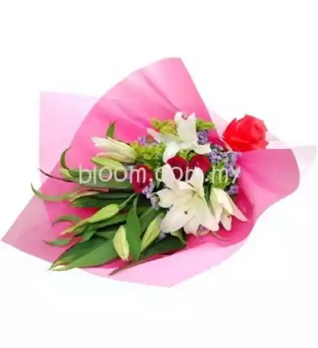 Mix Hand Bouquet 07 (3 Stalks White Casa Lily + 3 Red Roses) Mix Hand Bouquet 07 (3 Stalks White Casa Lily + 3 Red Roses)