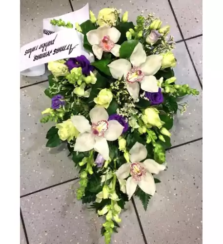 Funeral arrangement - white orchids, roses, violet chives