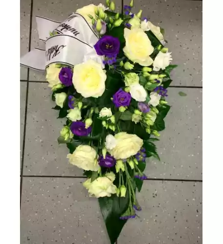 Funeral arrangement-white roses, violet with lisianthus