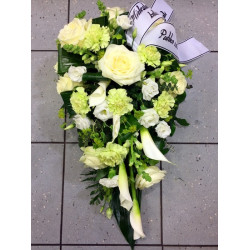 Funeral arrangement: White roses, lisianthus and callas