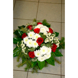 Round-shaped funeral arrangement: red roses and white chrysantemums