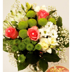 Bouquet of pink roses, white fresias and chrysantemums (Classic)