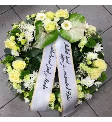 Wreath: Big white roses, Carnations, Chrysantemums, Lilys