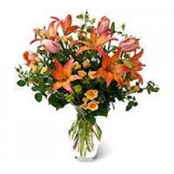 Vase With Red Lilies, Roses, Marg. And Alstromerias Ocher Tones