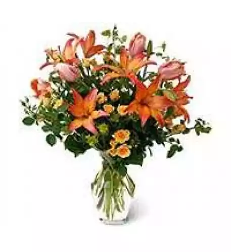 Vase With Red Lilies, Roses, Marg. And Alstromerias Ocher Tones
